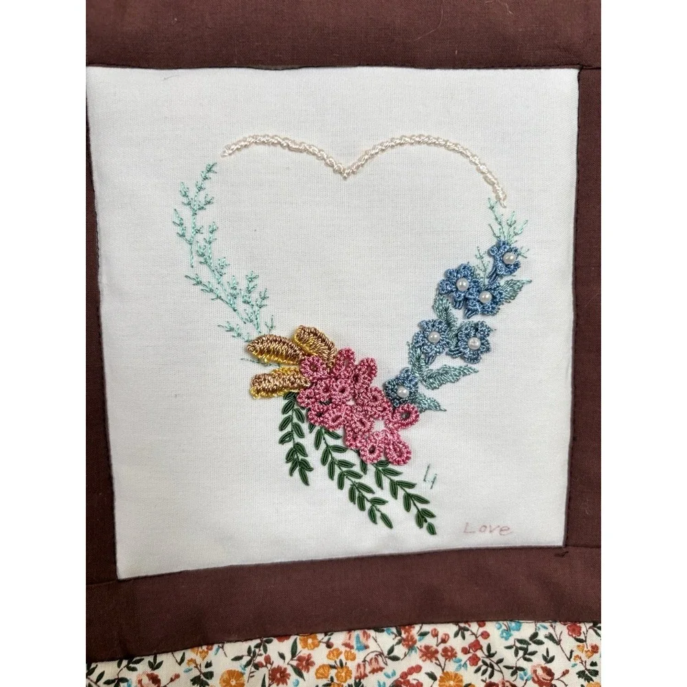 Vintage 70s Small Quilted & Embroidered Wall Hanging Hearts Brown‎ Floral